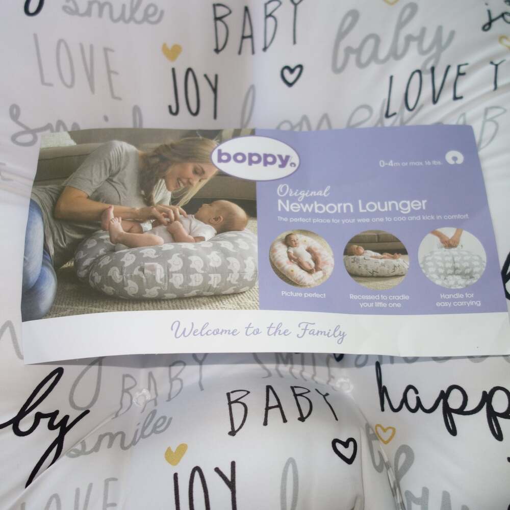 BOPPY Original  Preferred Newborn Lounger Pillow  Slipcover White Hello Baby
